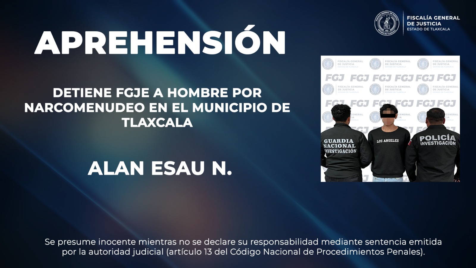 Detiene FGJE a hombre por narcomenudeo en el municipio de Tlaxcala